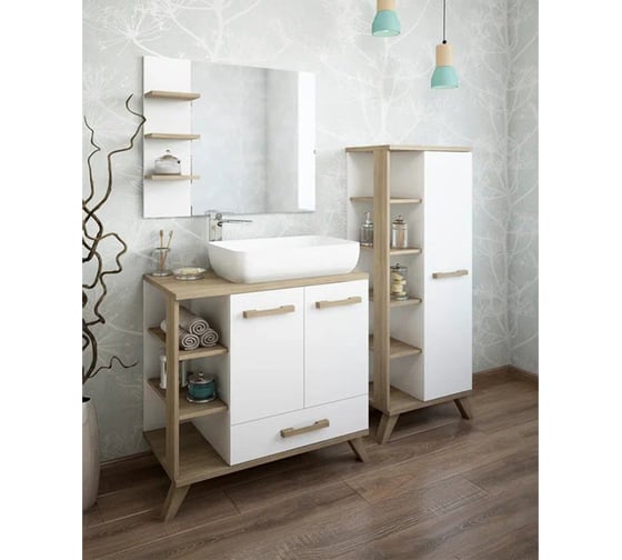 Тумба Sanflor Ингрид 80 швейцарский вяз, белый и умывальник PLAZA 55x36 С12474