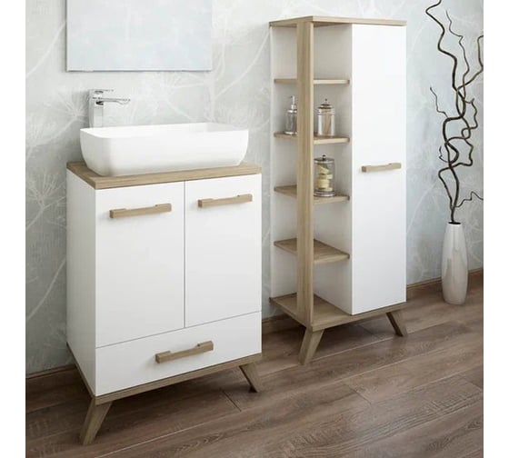 Тумба Sanflor Ингрид 60 швейцарский вяз, белый и умывальник PLAZA 55x36 С12473