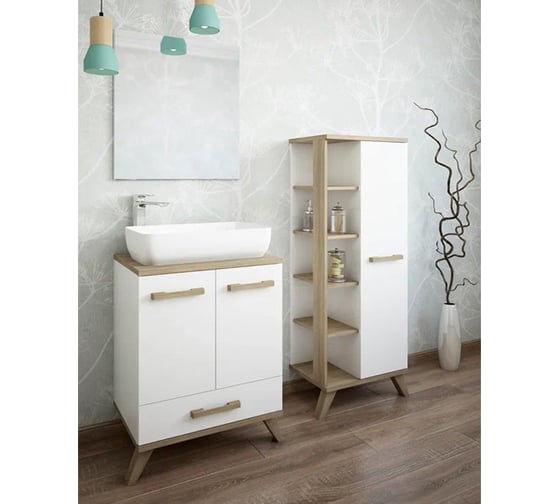 Тумба Sanflor Ингрид 60 швейцарский вяз, белый и умывальник PLAZA 55x36 С12473