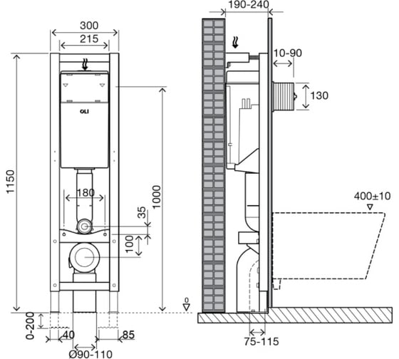 Инсталляция OLI QUADRA 300х1150х180 мм + панель слива River хром глянец 280490mRIOO