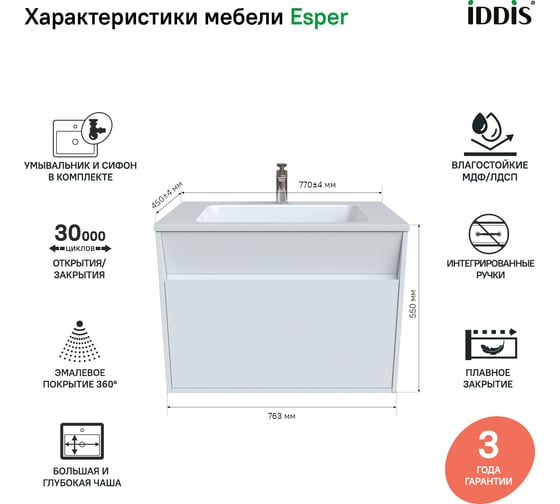 Подвесная тумба с умывальником IDDIS Esper с ящиком, белая 80 см ESP80W0i95K