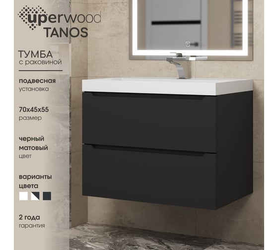 Подвесная тумба с раковиной uperwood Tanos 70 см, черная 291020253