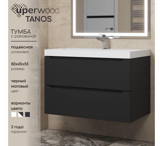 Подвесная тумба с раковиной uperwood Tanos 80 см, черная 291020254