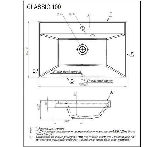 Раковина для ванной комнаты Uperwood Classic 100 см, прямоугольная 291020339
