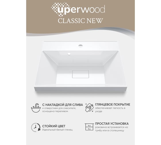 Раковина для ванной Uperwood Classic New 60 см, с декоративной крышкой для слива 291021024