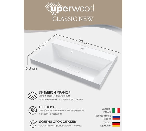 Раковина для ванной Uperwood Classic New 70 см, с декоративной крышкой для слива 291021025