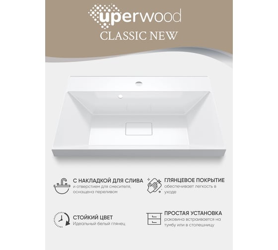 Раковина для ванной Uperwood Classic New 70 см, с декоративной крышкой для слива 291021025