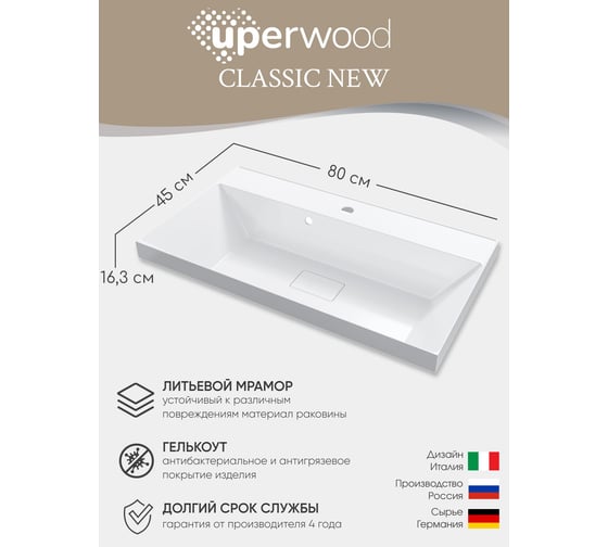 Раковина для ванной Uperwood Classic New 80 см, с декоративной крышкой для слива 291021040