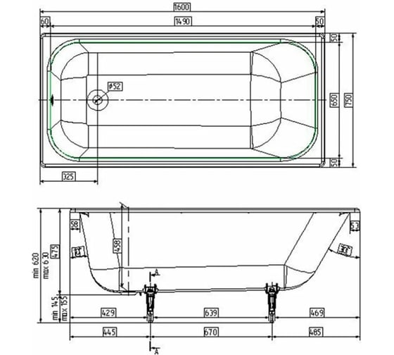 Чугунная ванн WOTTE Start 1600x750x458 /БП-э0001106/ 00000076964
