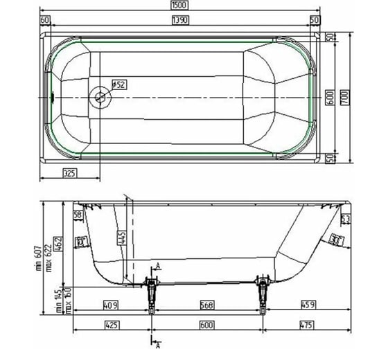 Чугунная ванна WOTTE Start УР 1500x700x445 c отверстиями для ручек /БП-э0001102/ 00000079756