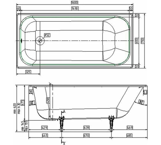 Чугунная ванна WOTTE Start УР 1600x750x458 c отверстиями для ручек /БП-00000002/ 00000089581