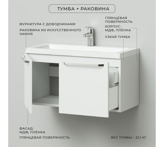 Подвесная тумба с раковиной ИТАНА Nature 80 792x378x437 Белый глянец 4656755756127