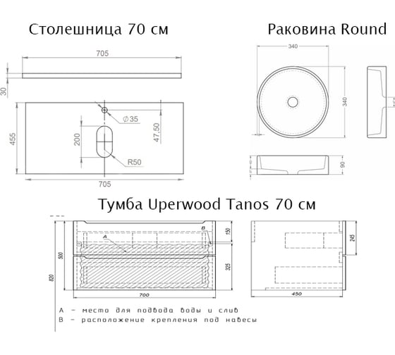 Комплект тумба со столешницей для ванной uperwood Tanos 70 см, белая/бук темный, с накладной раковиной Round, цвет черный 2910210416