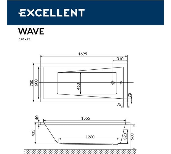 Ванна Excellent Wave 170x75 см "NANO" хром WAEX.WAV170.75.NANO.CR