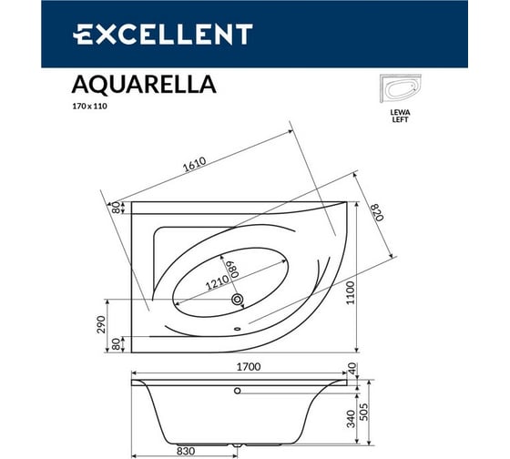 Ванна Excellent Aquarella 170x110 см, левая WAEX.ARL17WH