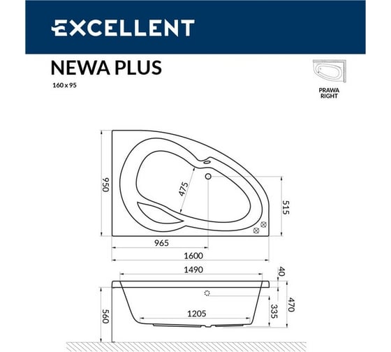 Ванна Excellent Newa 160x95 см, правая "LINE" хром WAEX.NEP16.LINE.CR