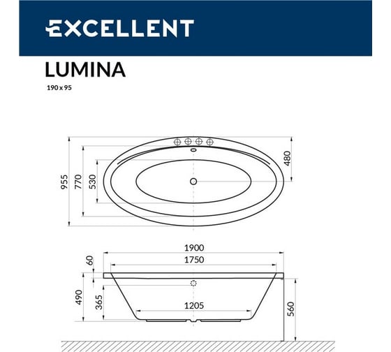 Ванна Excellent Lumina 190x95 см "SOFT" хром WAEX.LUM19.SOFT.CR