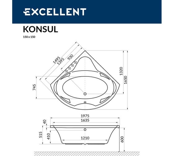 Ванна Excellent Konsul 150x150 см "SMART" хром WAEX.KON15.SMART.CR