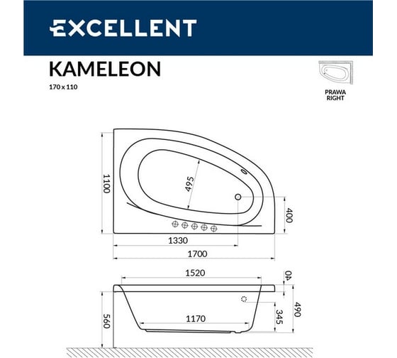 Ванна Excellent Kameleon 170x110 см, правая "SOFT" хром WAEX.KMP17.SOFT.CR