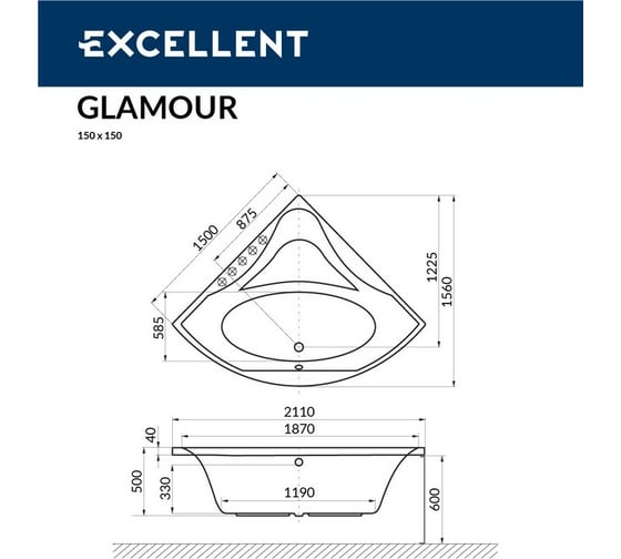 Ванна Excellent Glamour 150x150 см "ULTRA" хром WAEX.GLA15.ULTRA.CR