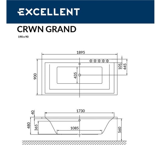 Ванна Excellent Crown Grand 190x90 см "NANO" хром WAEX.CRG19.NANO.CR