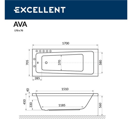 Ванна Excellent Ava 170x70 см "NANO" хром WAEX.AVA17.NANO.CR