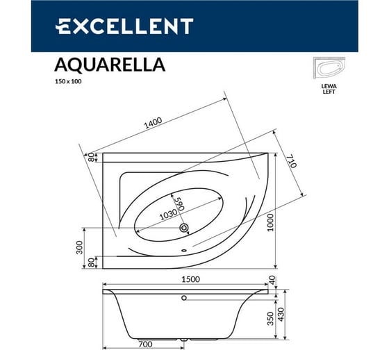 Ванна Excellent Aquarella 150x100 см, левая "RELAX" хром WAEX.ARL15.RELAX.CR