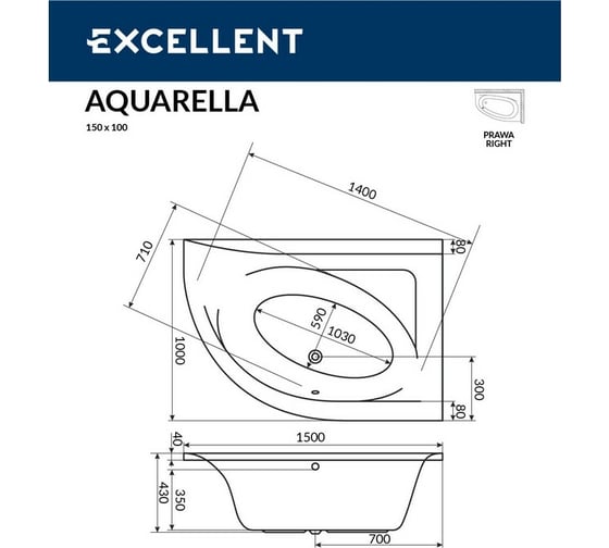 Ванна Excellent Aquarella 150x100 см, правая "LINE" хром WAEX.ARP15.LINE.CR