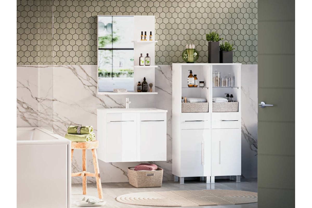 Комплект: тумба навесная с раковиной LAZURIT Аврора 60 белый ВК.7070 ...