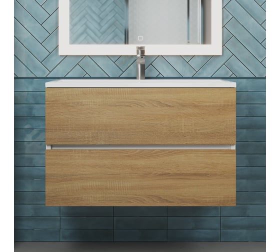 Подвесная тумба с раковиной для ванной uperwood Barsa_80 см, раковина белая, тумба белая/дуб сонома 293020534