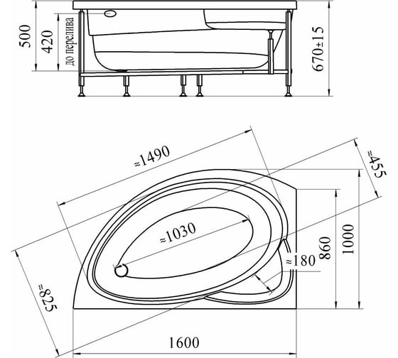 Акриловая ванна Радомир Модерна 160x100 (правосторонняя), фронтальная панель, каркас 2-78-0-2-1-214