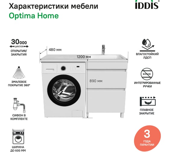 Напольная тумба с умывальником для стиральной машины IDDIS Optima home с ящиками 120 см правая белая OPH12RBi95K