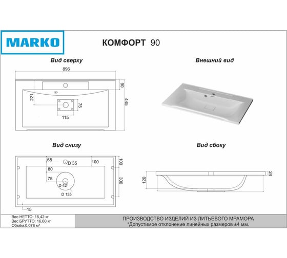 Мебельная раковина MARKO "КОМФОРТ" 90x45x15, с декоративной накладкой 5224900