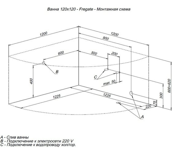 Ванна Aquanet FREGATE 120x120 на каркасе + панель 00310238