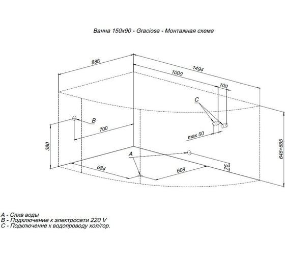 Ванна Aquanet GRACIOSA 150x90 L на каркасе + панель 00310239
