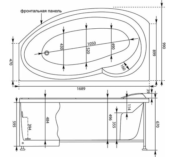 Ванна Aquanet JERSEY 170x90 L на каркасе + панель 00310243