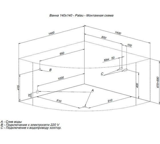 Ванна Aquanet PALAU 140x140 на каркасе + панель 00310247