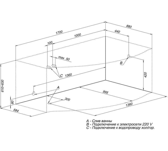 Ванна Aquanet PALMA 170x90x60 R на каркасе + панель 00310249
