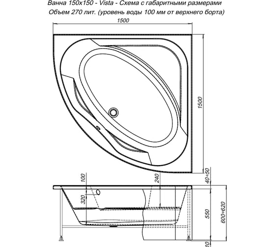 Ванна Aquanet VISTA 150x150 на каркасе + панель 00310251