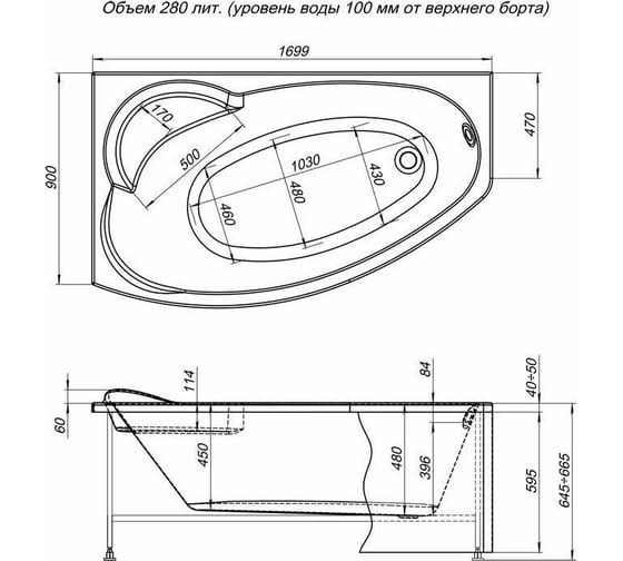 Ванна Aquanet SOFIA 170x90 L на каркасе + панель 00310257