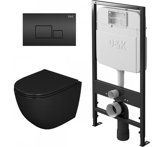 Комплект D&K подвесной безободковый унитаз DK Matrix DT1396025 490х370х360 мм, сиденье микролифт, черное, инсталляция и кнопка DS1392502