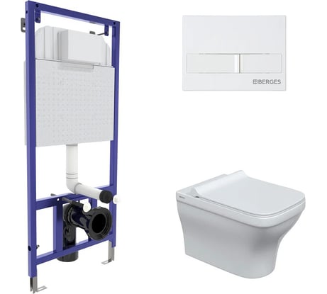 Комплект для монтажа подвесного унитаза Berges инсталляция NOVUM кнопка L1 белая, унитаз Strati Rimless, сидение дюропласт Strati Slim SO 042452