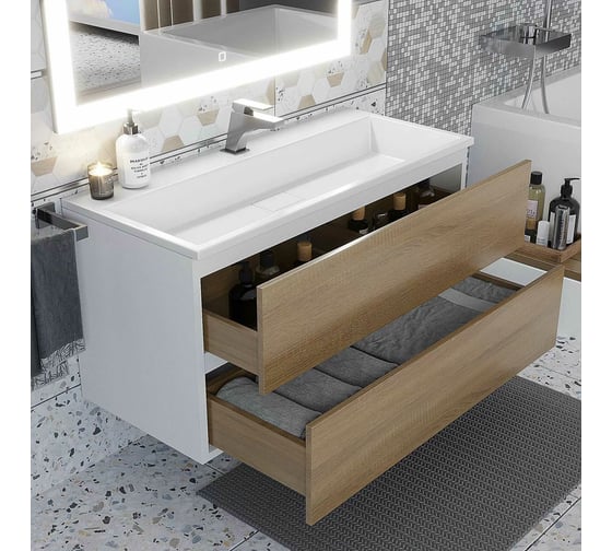 Тумба с раковиной для ванной uperwood Barsa_100 см, раковина белая, подвесная тумба белая/дуб сонома 293020535