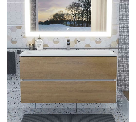 Тумба с раковиной для ванной uperwood Barsa_100 см, раковина белая, подвесная тумба белая/дуб сонома 293020535