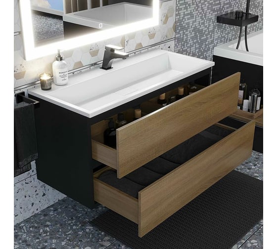 Тумба с раковиной для ванной uperwood Barsa_100 см, раковина белая, подвесная тумба черная/дуб сонома 293020544