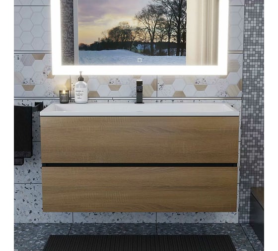 Тумба с раковиной для ванной uperwood Barsa_100 см, раковина белая, подвесная тумба черная/дуб сонома 293020544