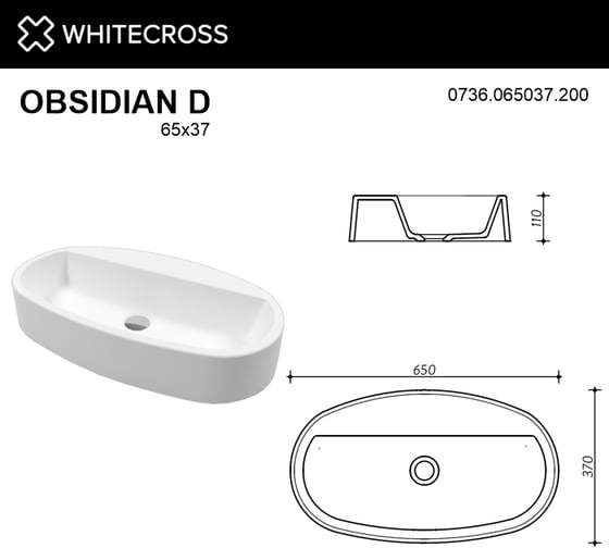Умывальник WHITECROSS Obsidian D 65x37 см, белый матовый, искусственный камень 0736.065037.200