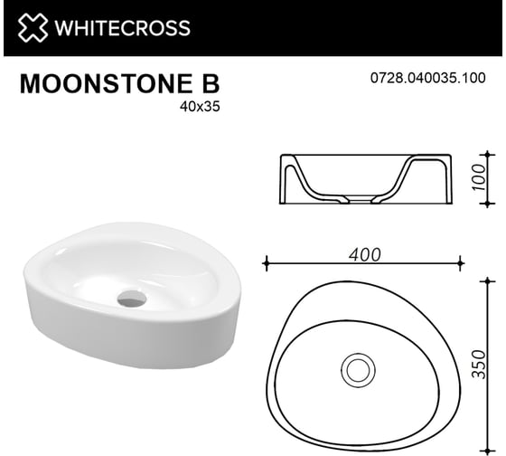 Умывальник WHITECROSS Moonstone B 40x35 см, белый глянец, искусственный камень 0728.040035.100