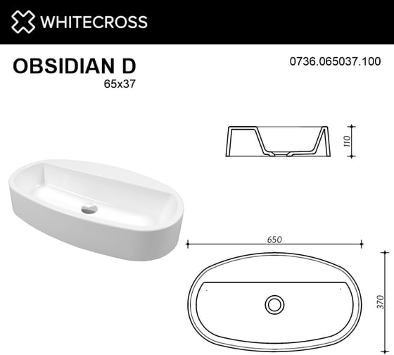 Умывальник WHITECROSS Obsidian D 65x37 см, белый глянец, искусственный камень 0736.065037.100