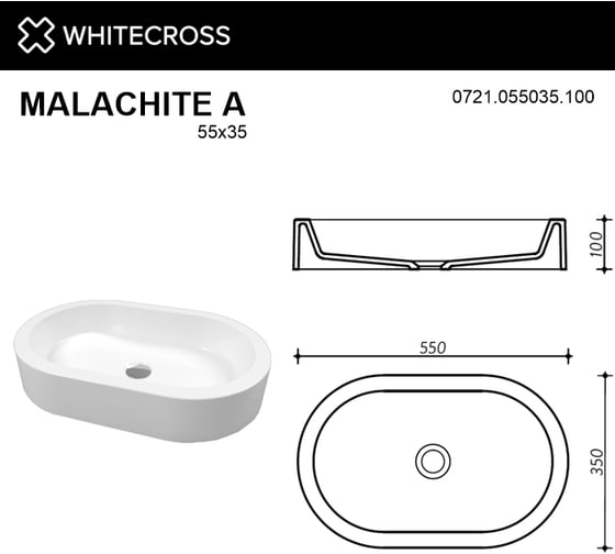 Умывальник WHITECROSS Malachite A 55x35 см, белый глянец, искусственный камень 0721.055035.100